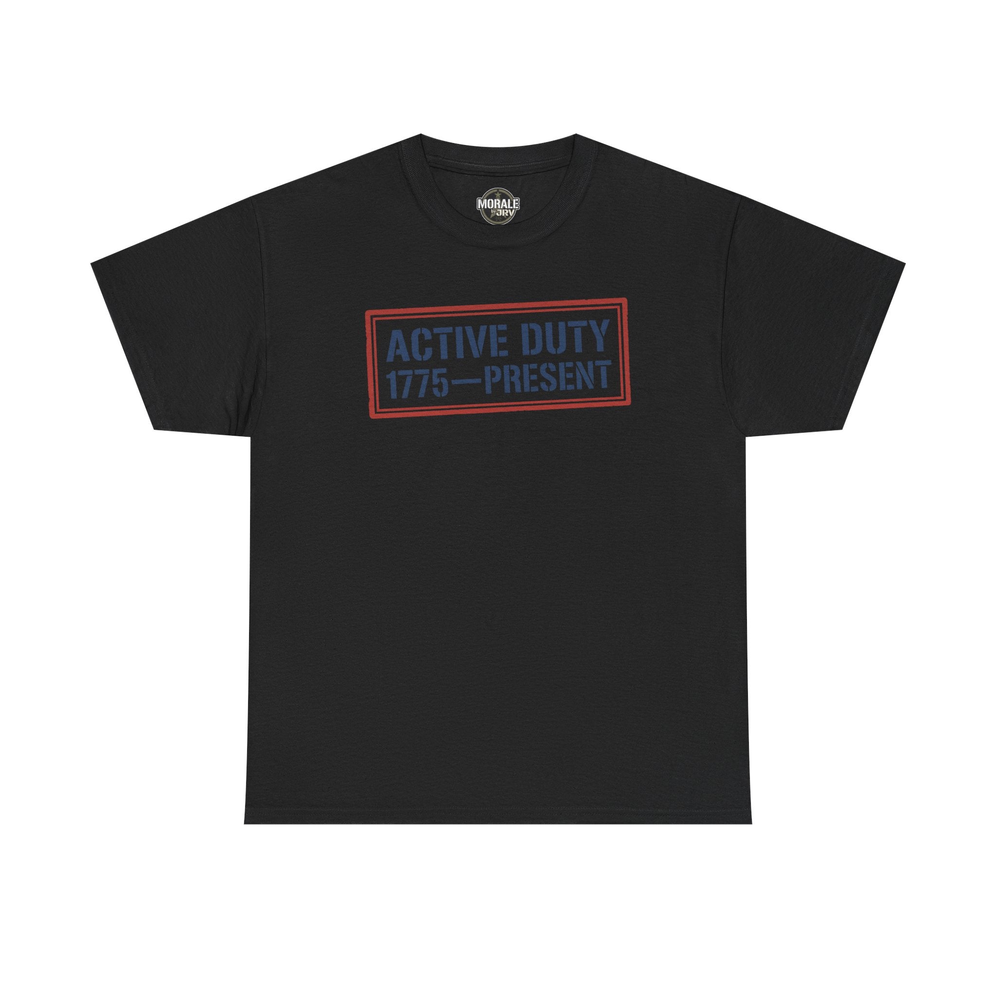 Black crew neck tee with red “Active Duty 1775–Present” chest logo