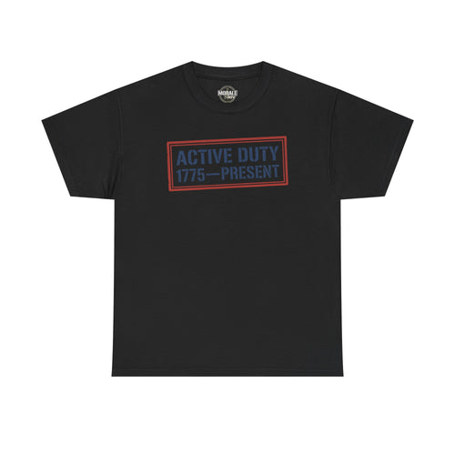 Black crew neck tee with red “Active Duty 1775–Present” chest logo