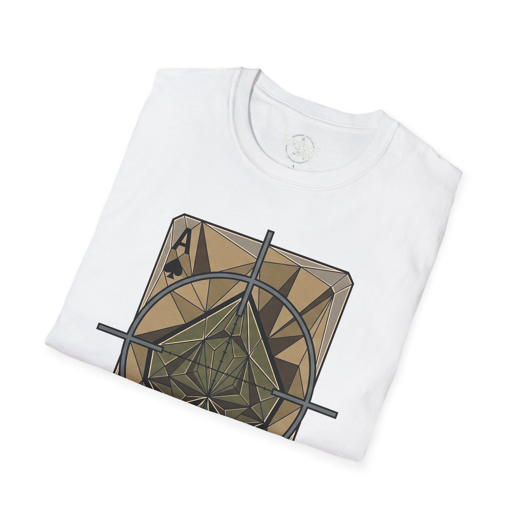 Ace Target T-shirt, white angled close-up of crosshair spade graphic