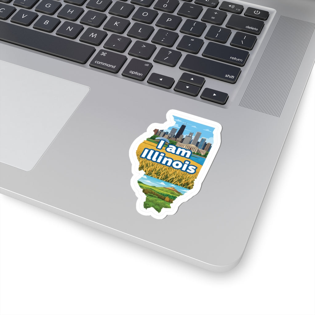 I am Illinois sticker on laptop lid, Illinois outline with blue “I am Illinois”