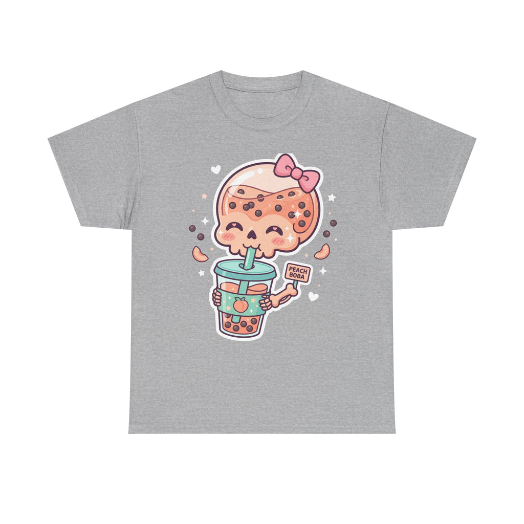 Sport grey T-shirt with kawaii boba tea skull graphic holding a cup