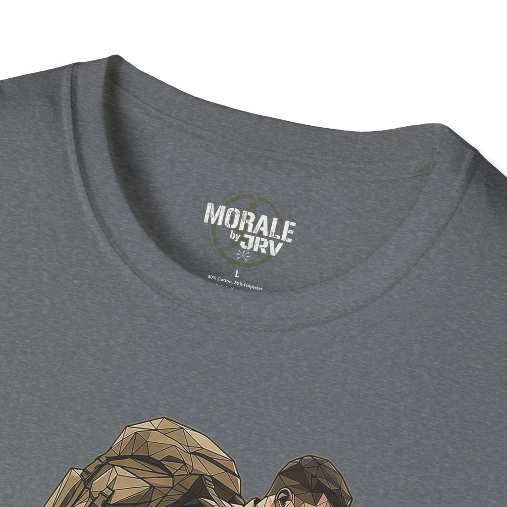 Graphite heather T-Shirt close-up of neck label and small chest emblem