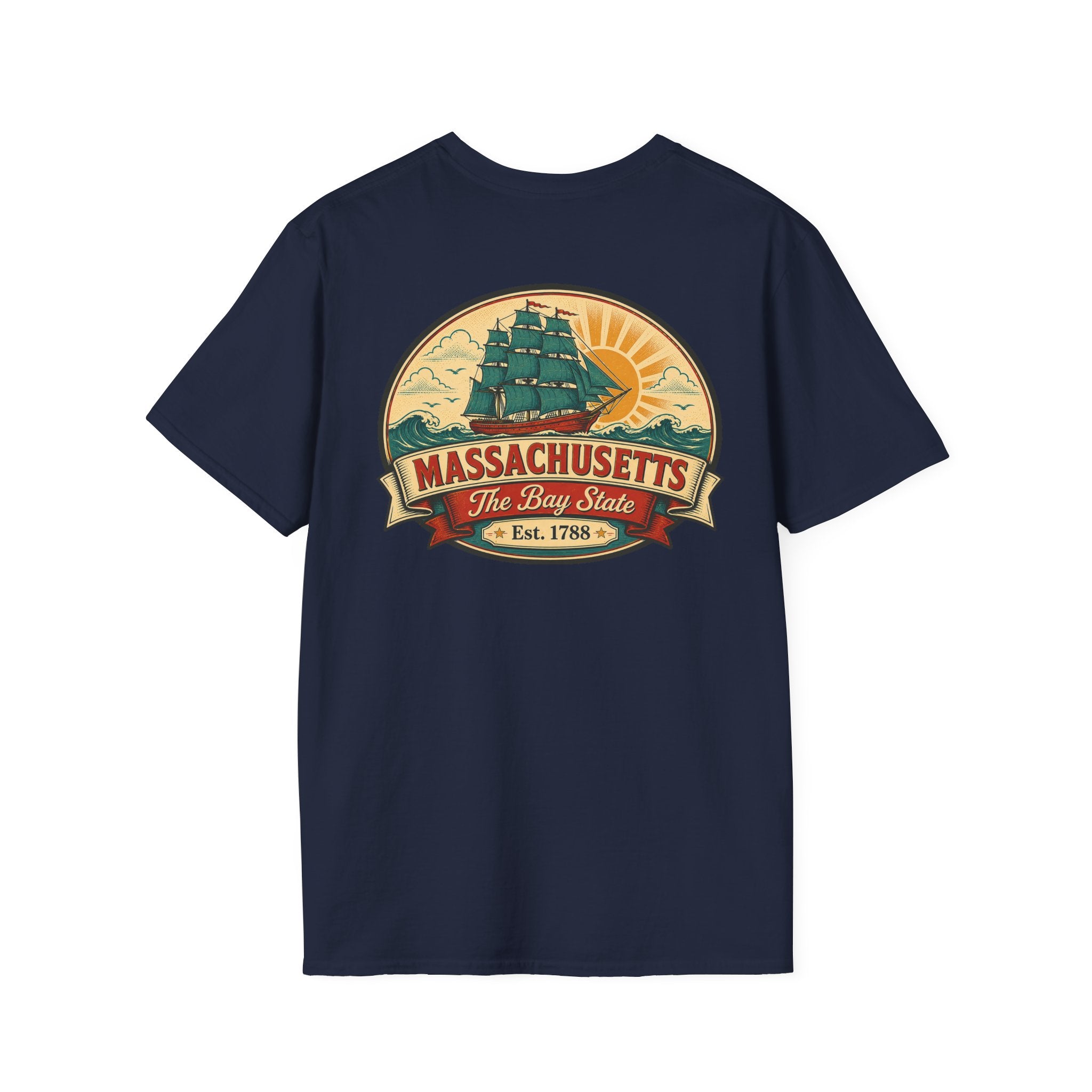 Navy Massachusetts T-shirt with circular Bay State logo graphic on front