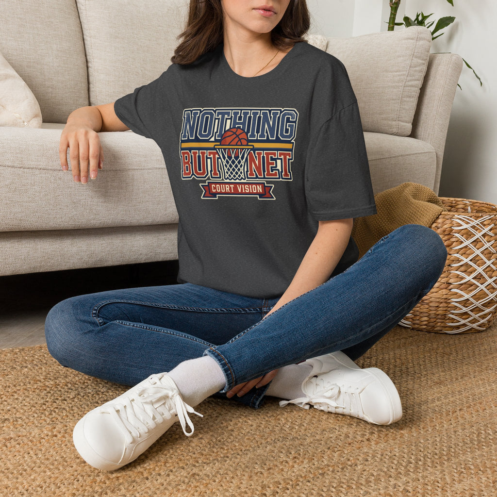 Dark heather basketball T-shirt with “Nothing But Net” court vision graphic