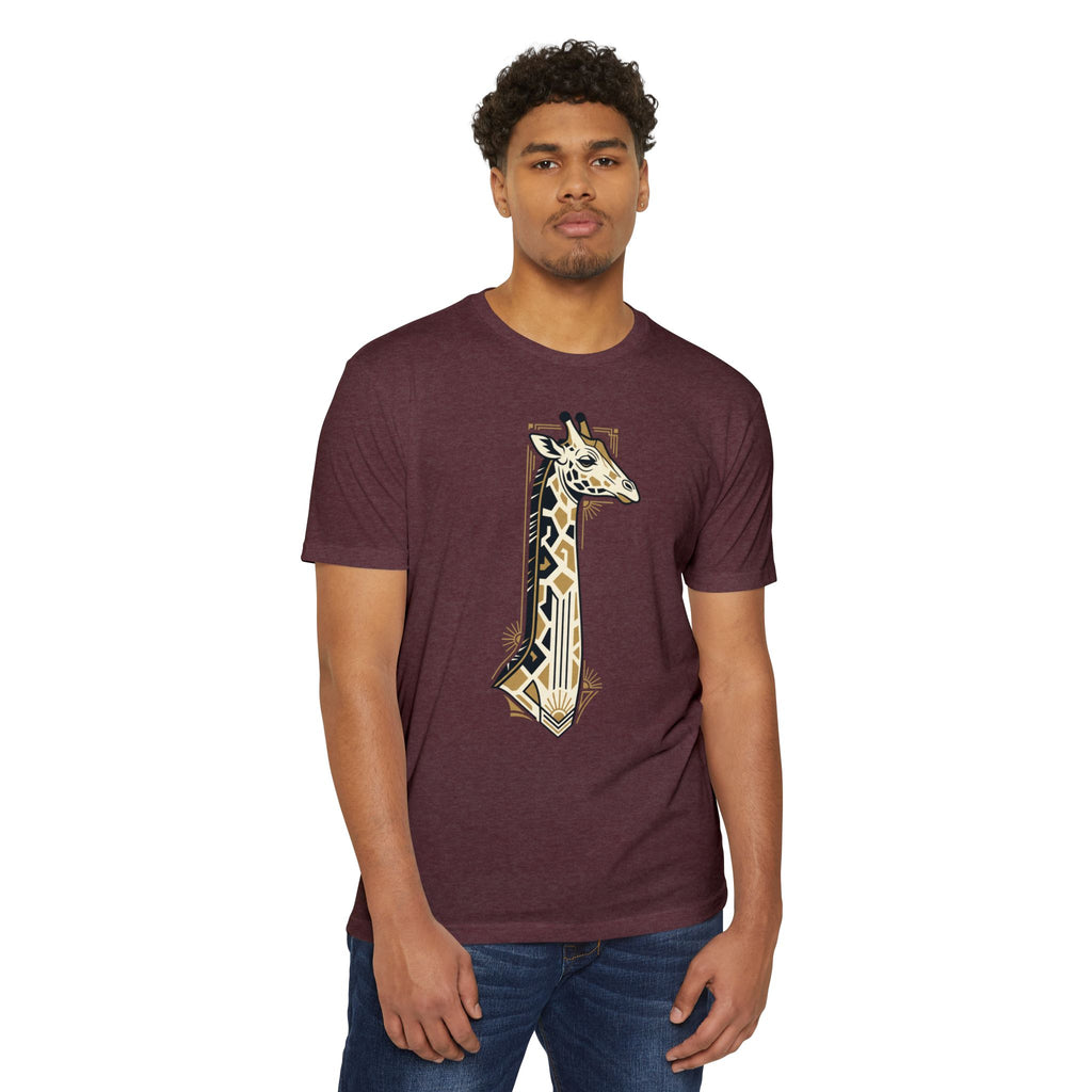 Burgundy unisex t-shirt with giraffe art deco geometric graphic on the front
