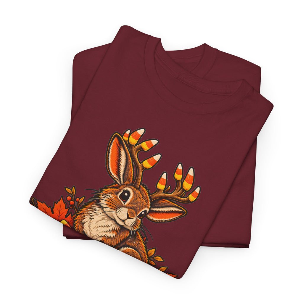 Garnet crew-neck T-shirt with colorful jackalope face and antler graphic