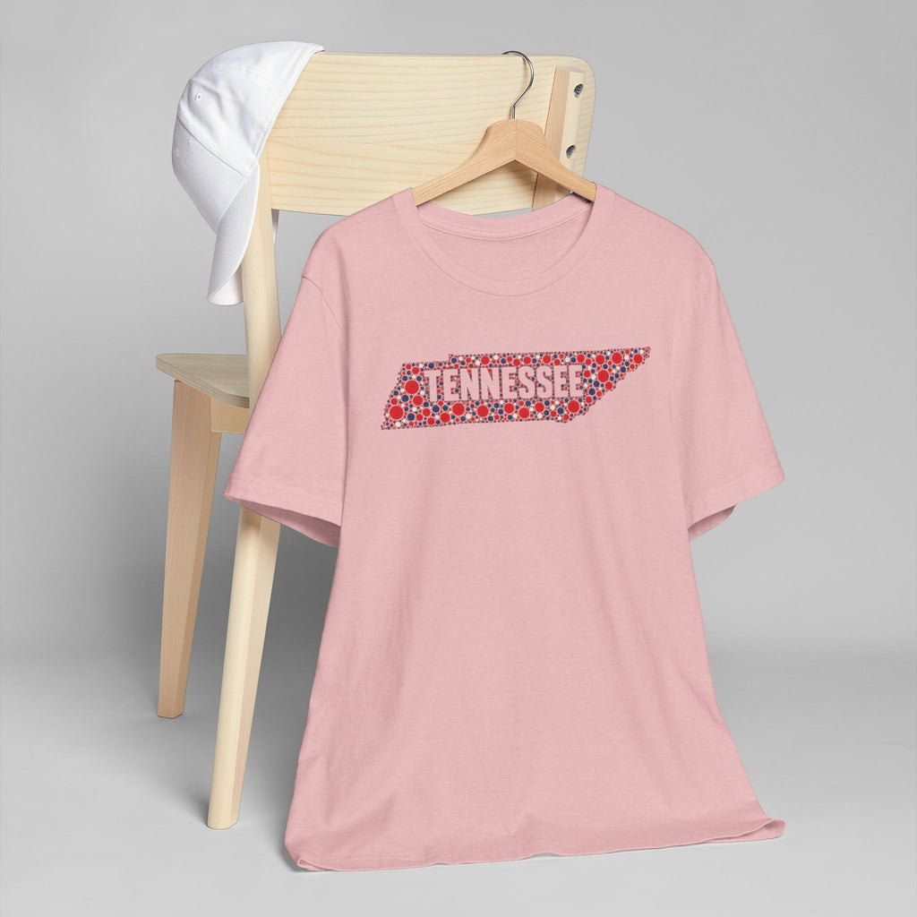 Pink crew-neck t-shirt with red floral Tennessee graphic outline on chest