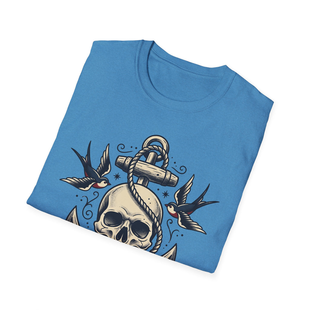 Heather Galapagos Blue T-shirt with sailor skull, anchor knot, flying bird design