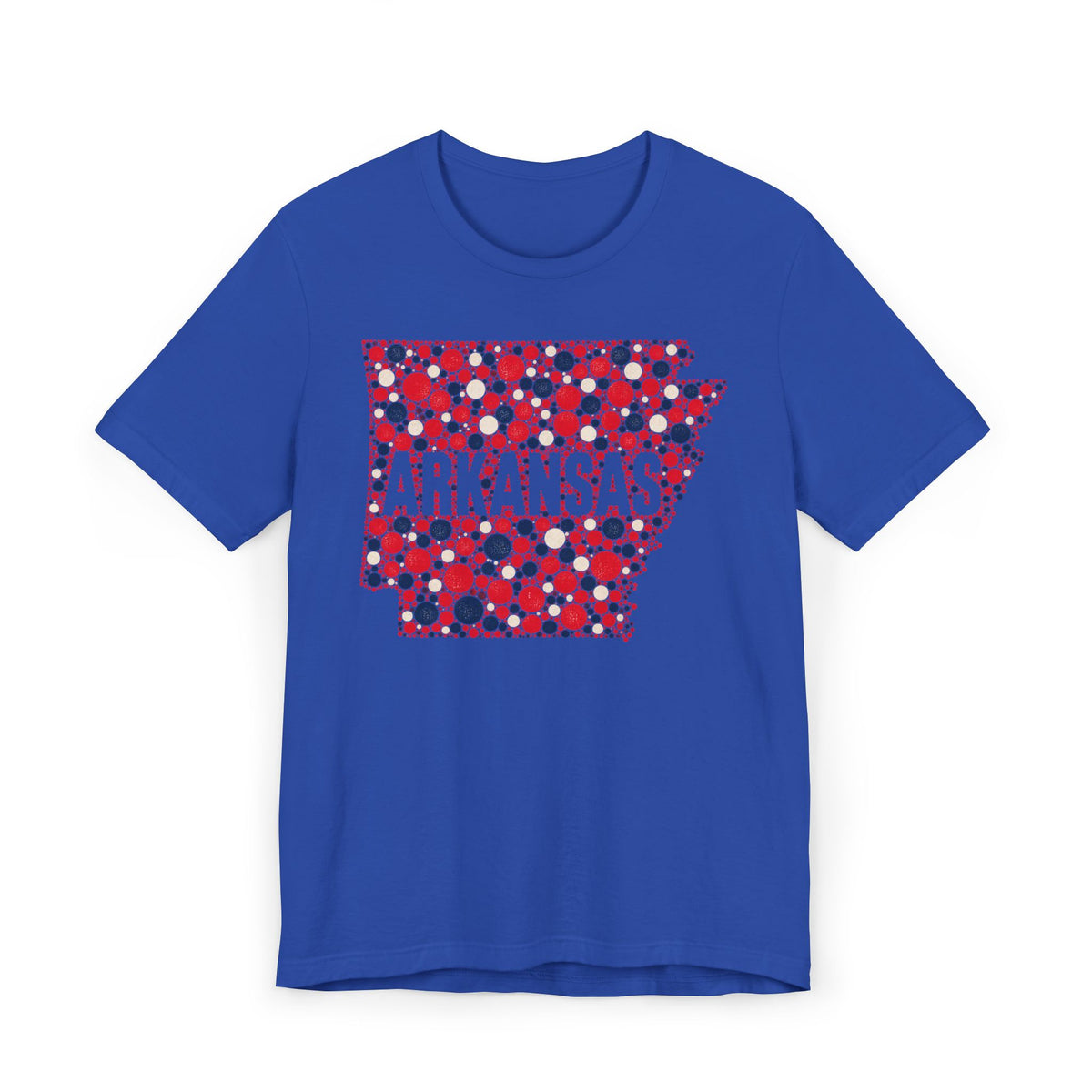 Royal blue T-shirt with red and blue floral dot Arkansas outline graphic