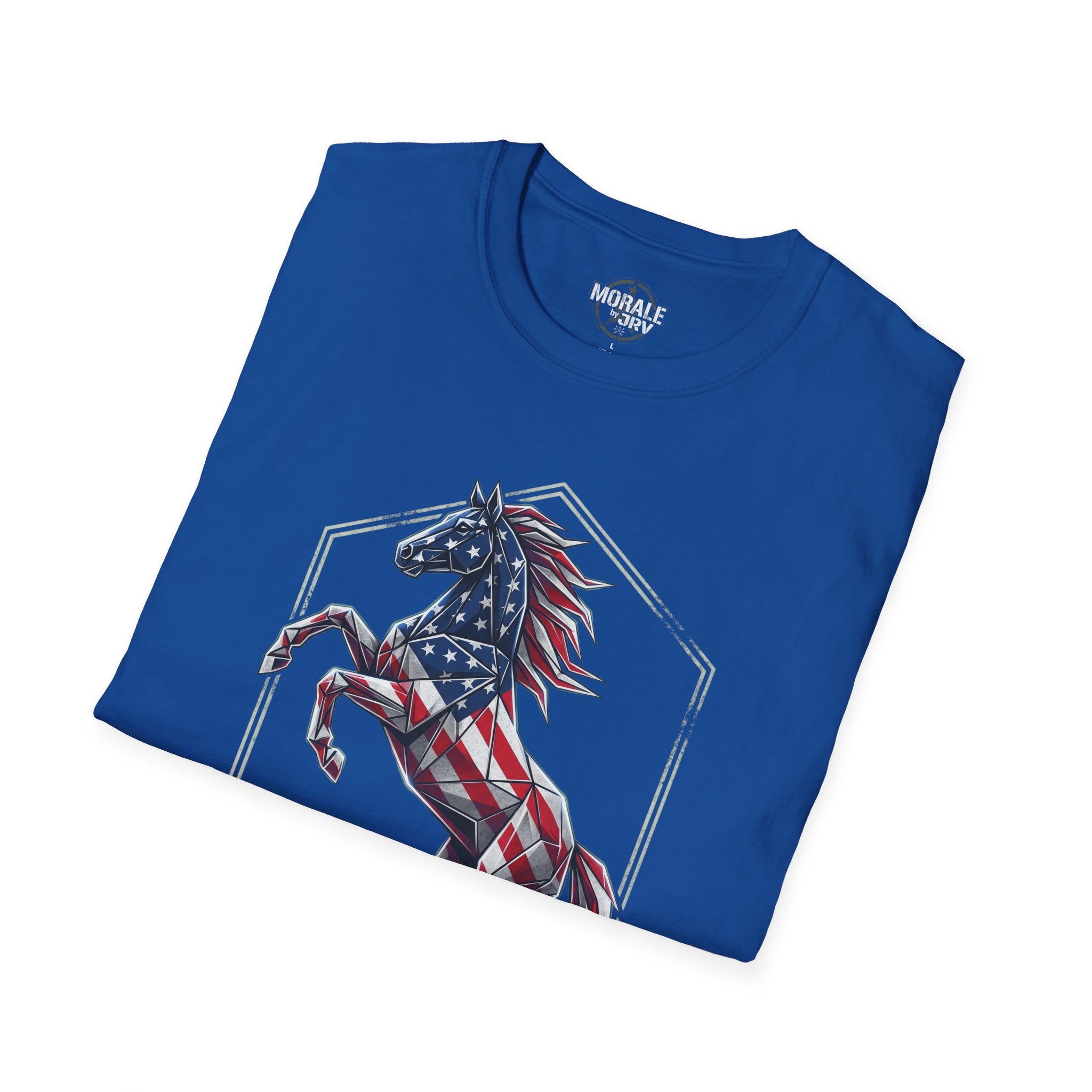 Navy American flag horse graphic T-shirt, front view with crew neck logo