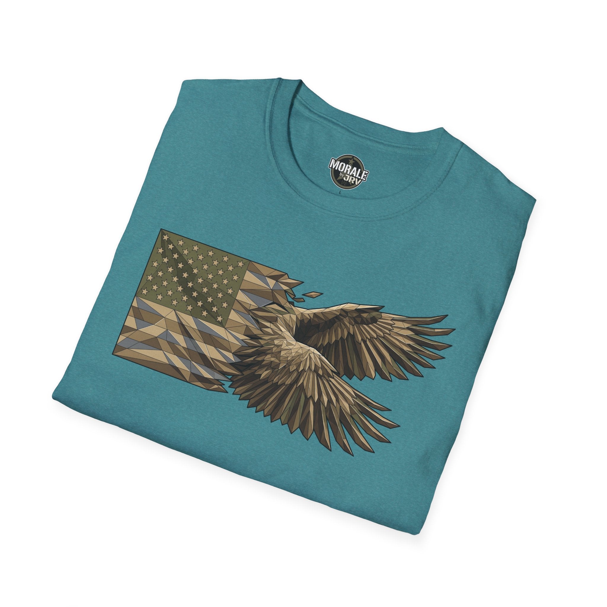 Teal T-shirt with geometric American flag and soaring bald eagle graphic
