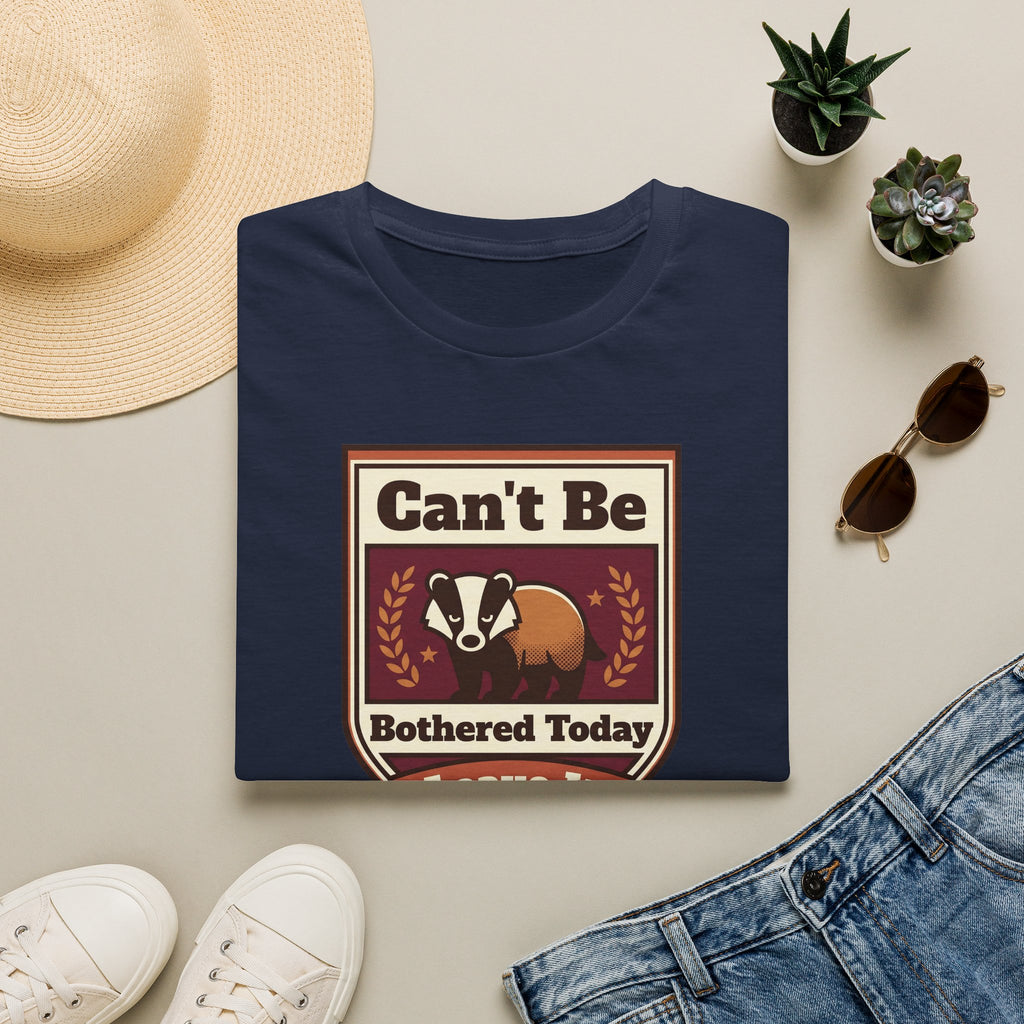 Navy crewneck t-shirt with badger badge graphic reading “Can’t Be Bothered Today”