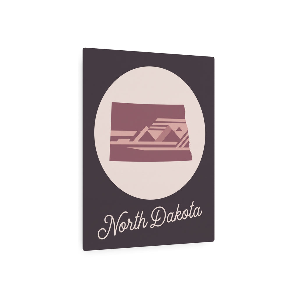 North Dakota metal wall art sign with oval emblem, mauve state graphic and 'North Dakota' script