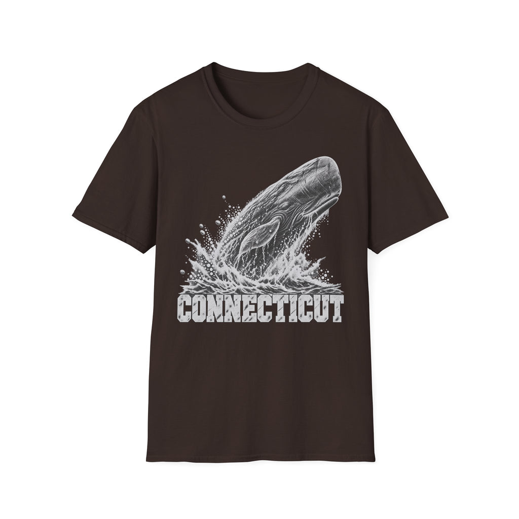 Dark brown t-shirt with gray breaching whale splash graphic and “Connecticut” text