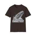 Dark brown t-shirt with gray breaching whale splash graphic and “Connecticut” text