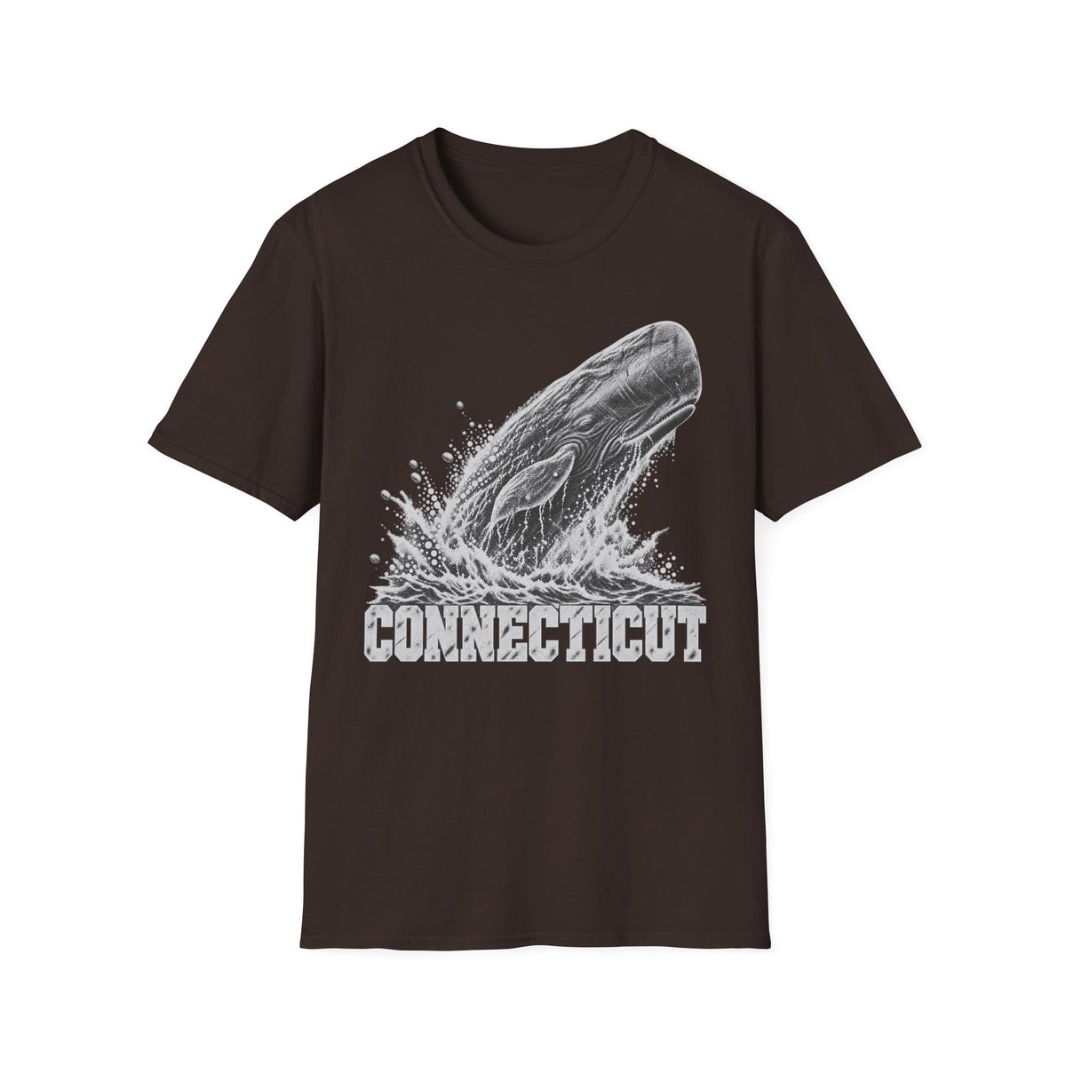 Dark brown t-shirt with gray breaching whale splash graphic and “Connecticut” text