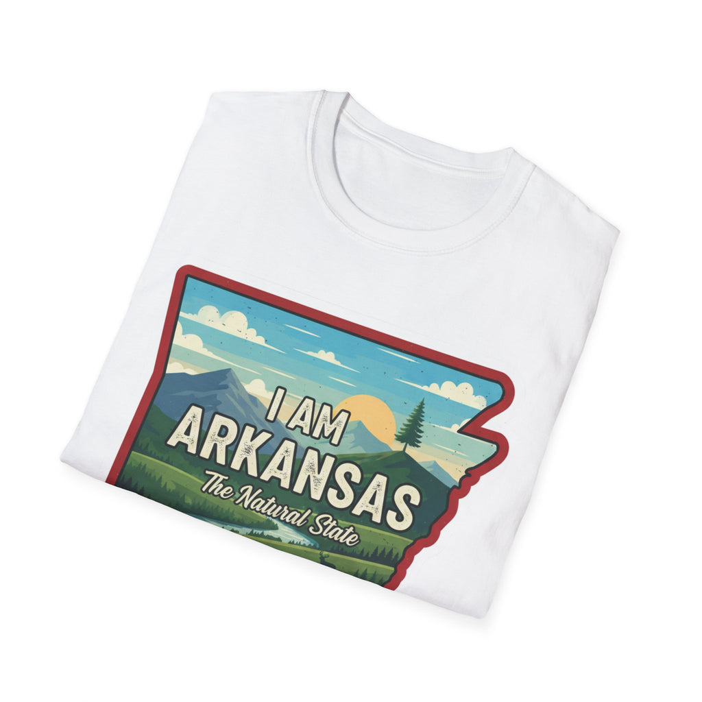 I Am Arkansas T-shirt, white, 'I AM ARKANSAS' landscape patch print