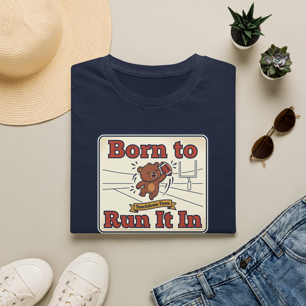 Navy T-shirt with colorful bear “Born to Run It In” graphic on front