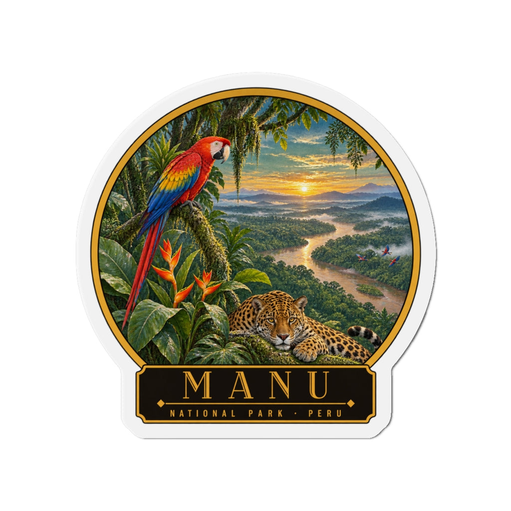 MANU die-cut magnet showing macaw, jaguar, and rainforest sunset landscape