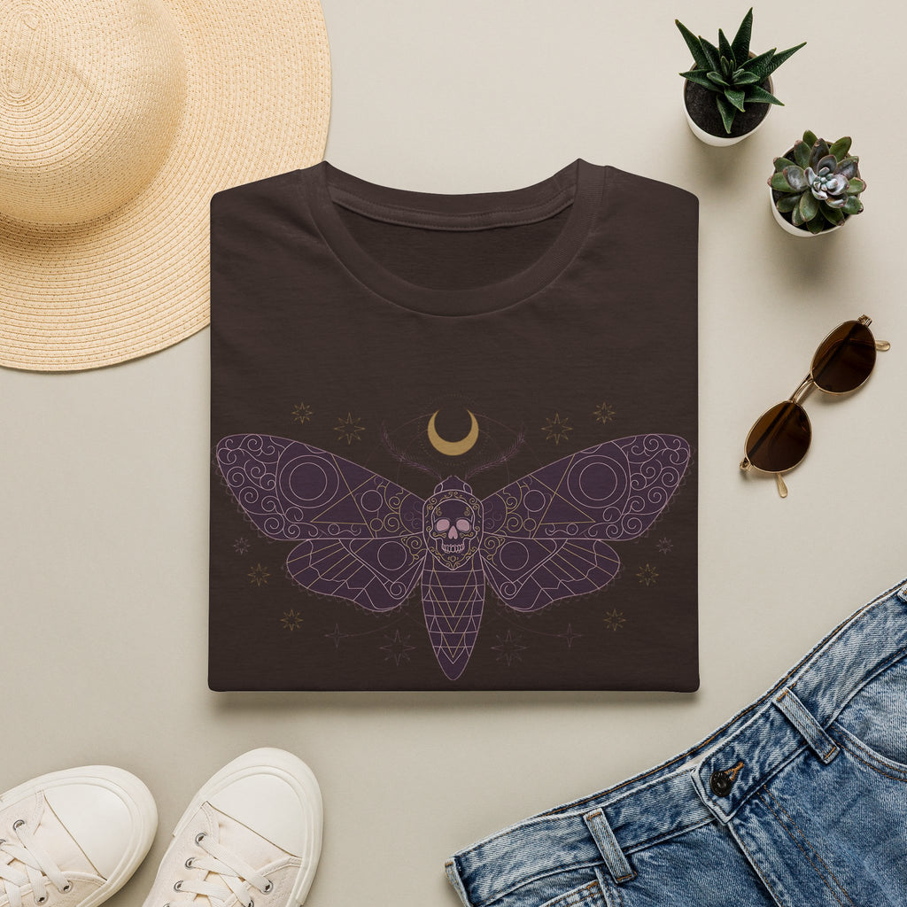 Dark brown moth skull graphic T-shirt with crescent moon and dark wings print