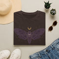 Dark brown moth skull graphic T-shirt with crescent moon and dark wings print