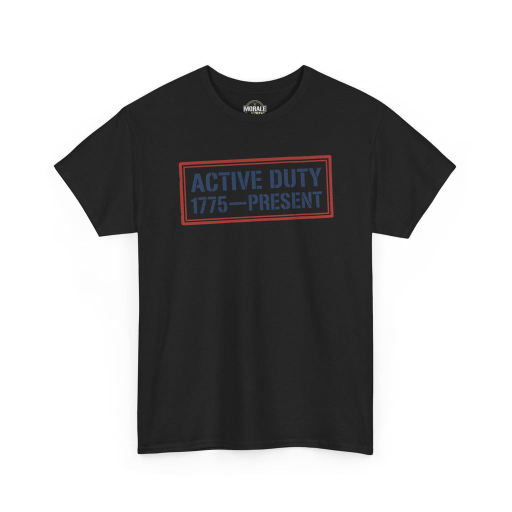 Black crewneck T-shirt with “ACTIVE DUTY 1775—PRESENT” front graphic in red border.