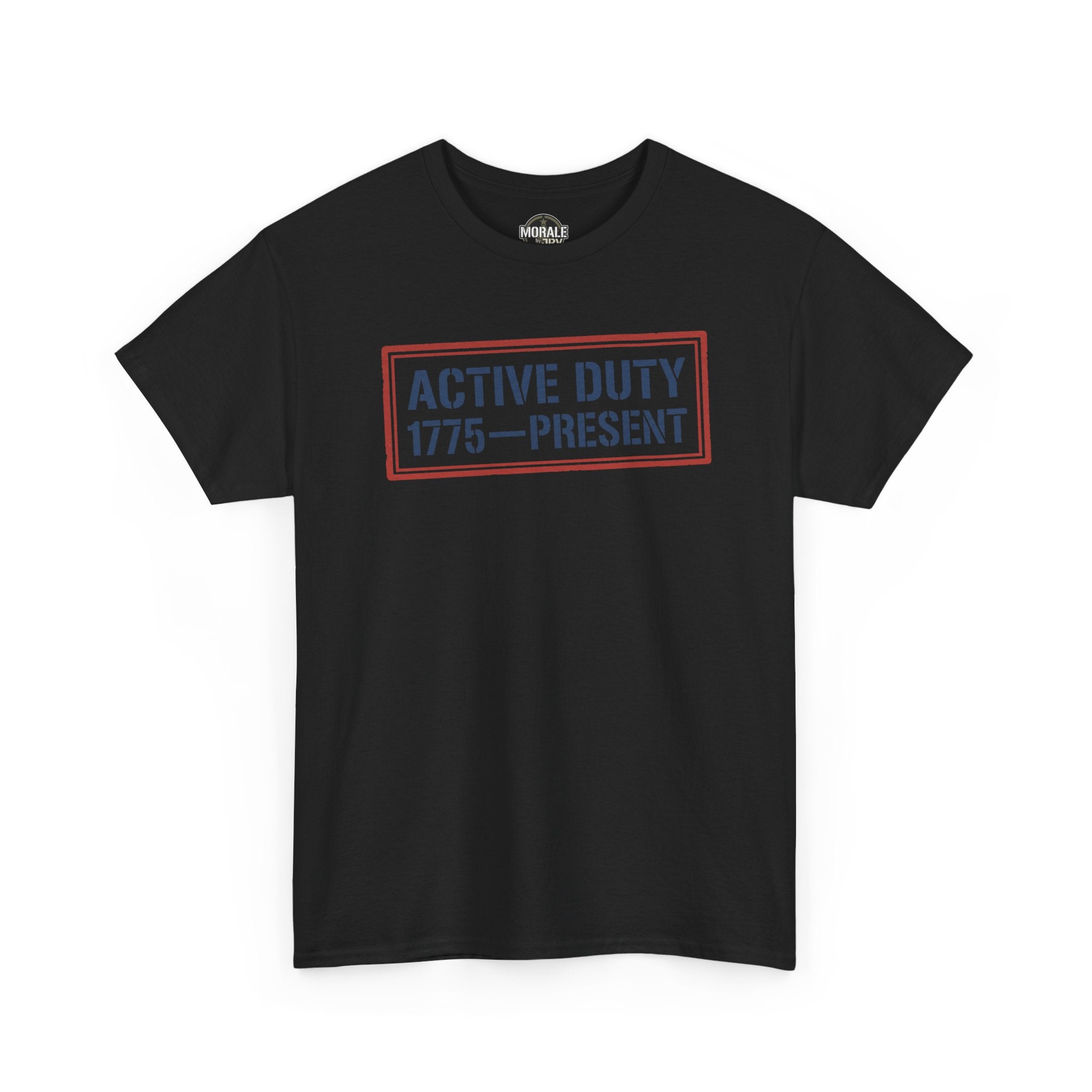 Black crewneck T-shirt with “ACTIVE DUTY 1775—PRESENT” front graphic in red border.