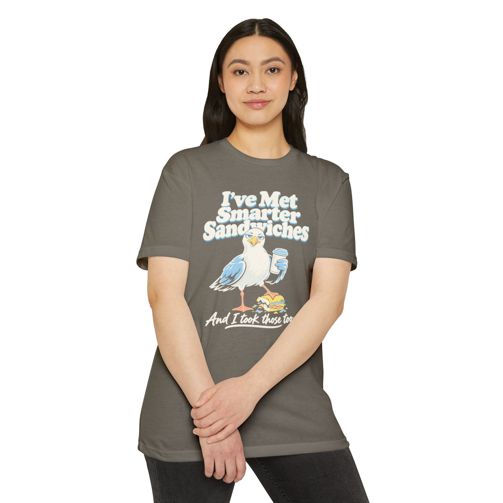 Gray short-sleeve T-shirt with seagull graphic and printed text on front