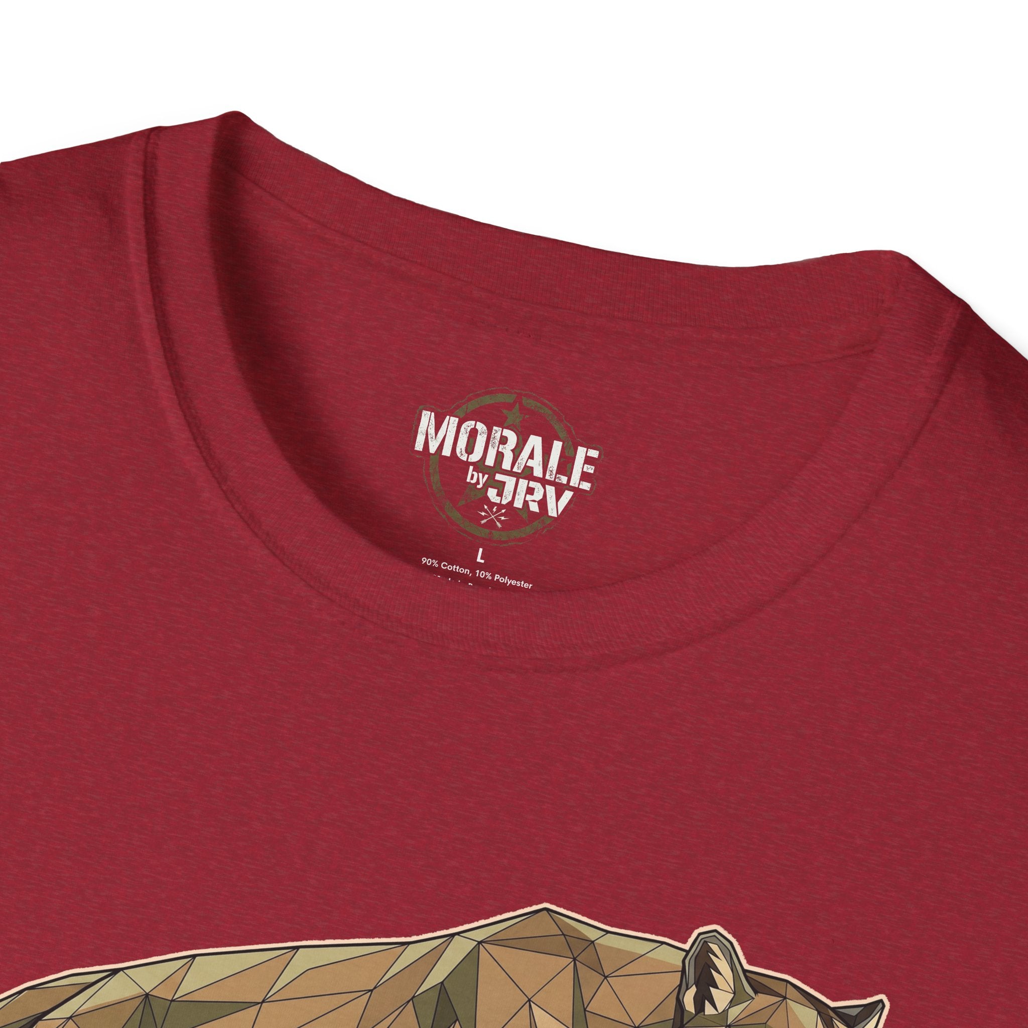 Dark red neckline label with small print logo; top of cougar graphic visible