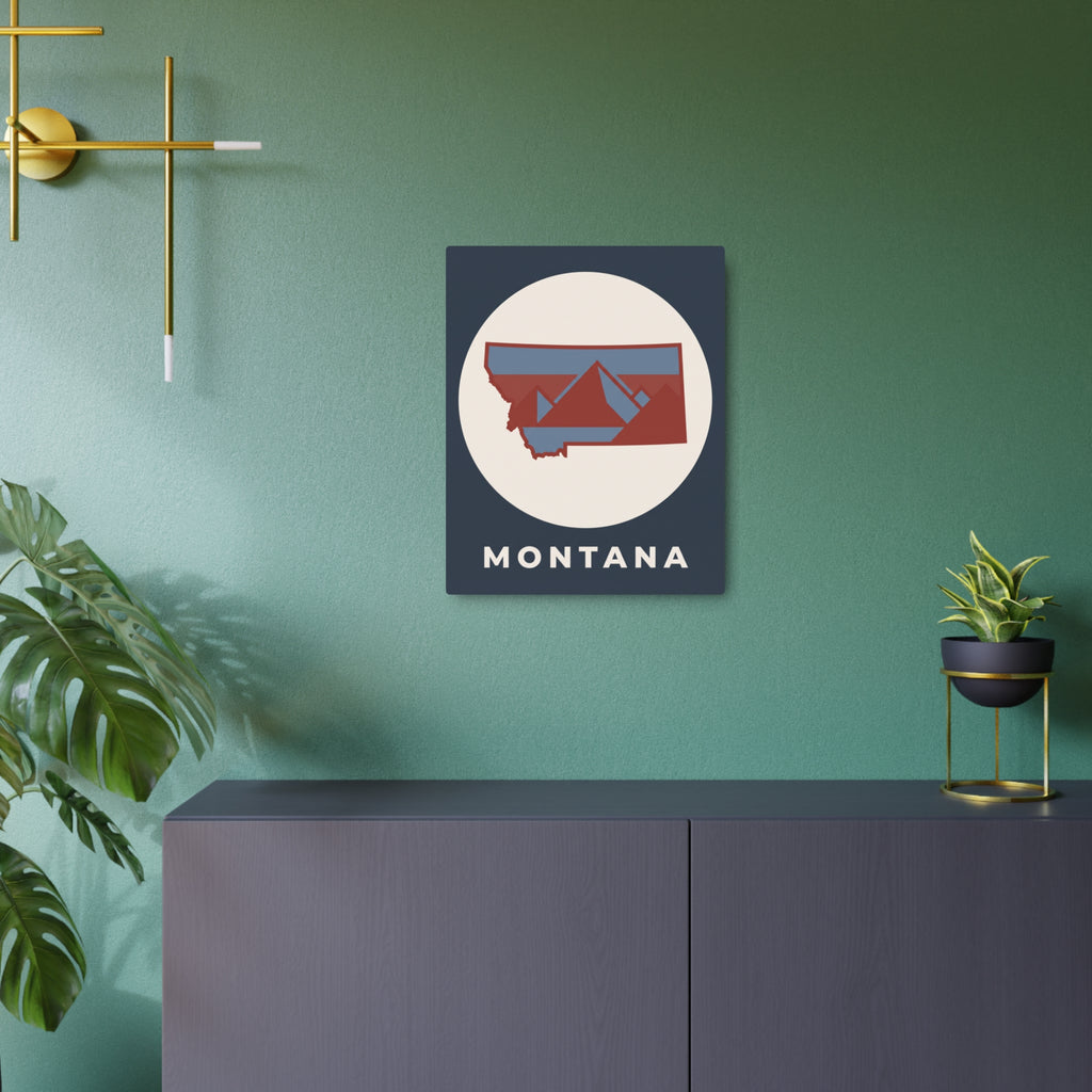 Square metal wall decor sign showing Montana mountain map in a white circle with 'MONTANA' text