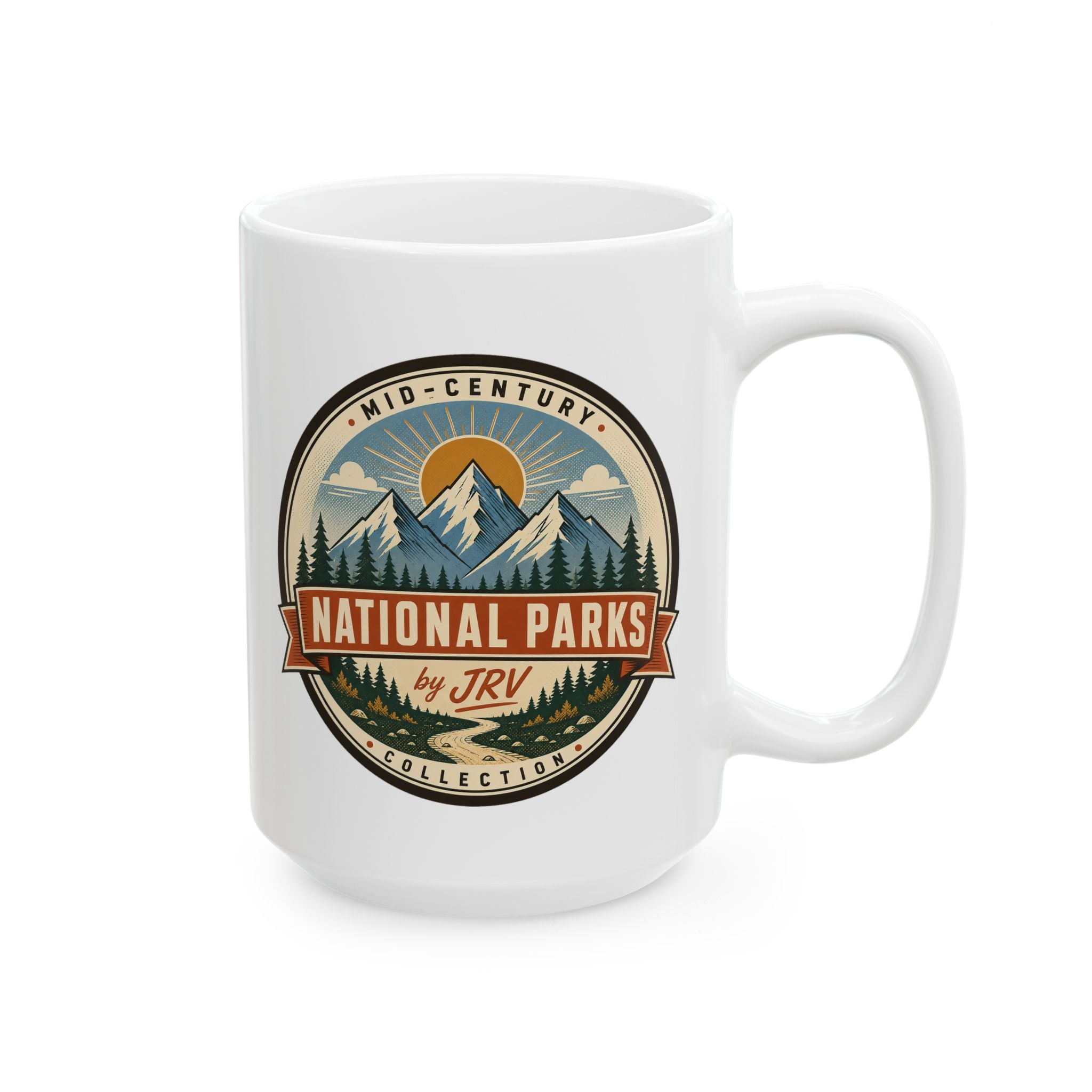White ceramic coffee mug with National Parks by JRW badge and side handle