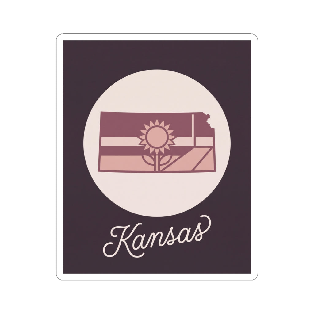 Kansas mauve vinyl sticker decal with state silhouette, sun graphic, and “Kansas” lettering
