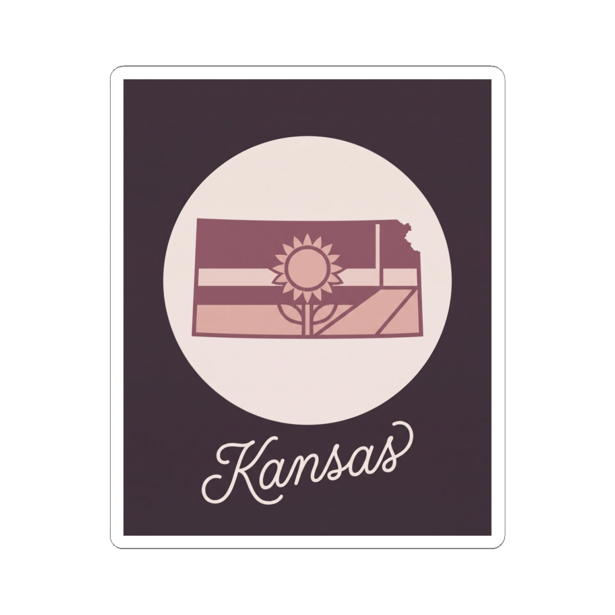 Kansas mauve vinyl sticker decal with state silhouette, sun graphic, and “Kansas” lettering