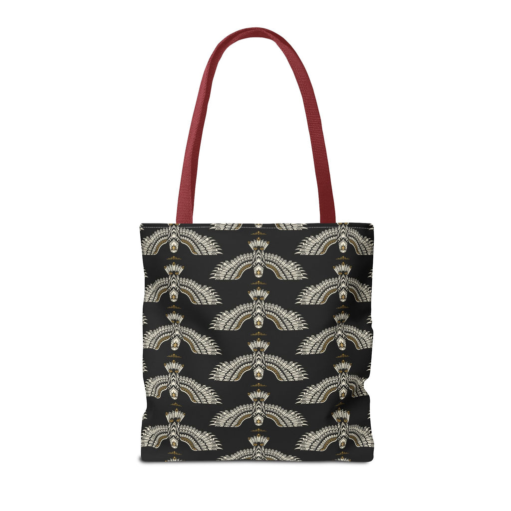 Tote bag with black fabric and repeating winged scarab pattern, maroon handles