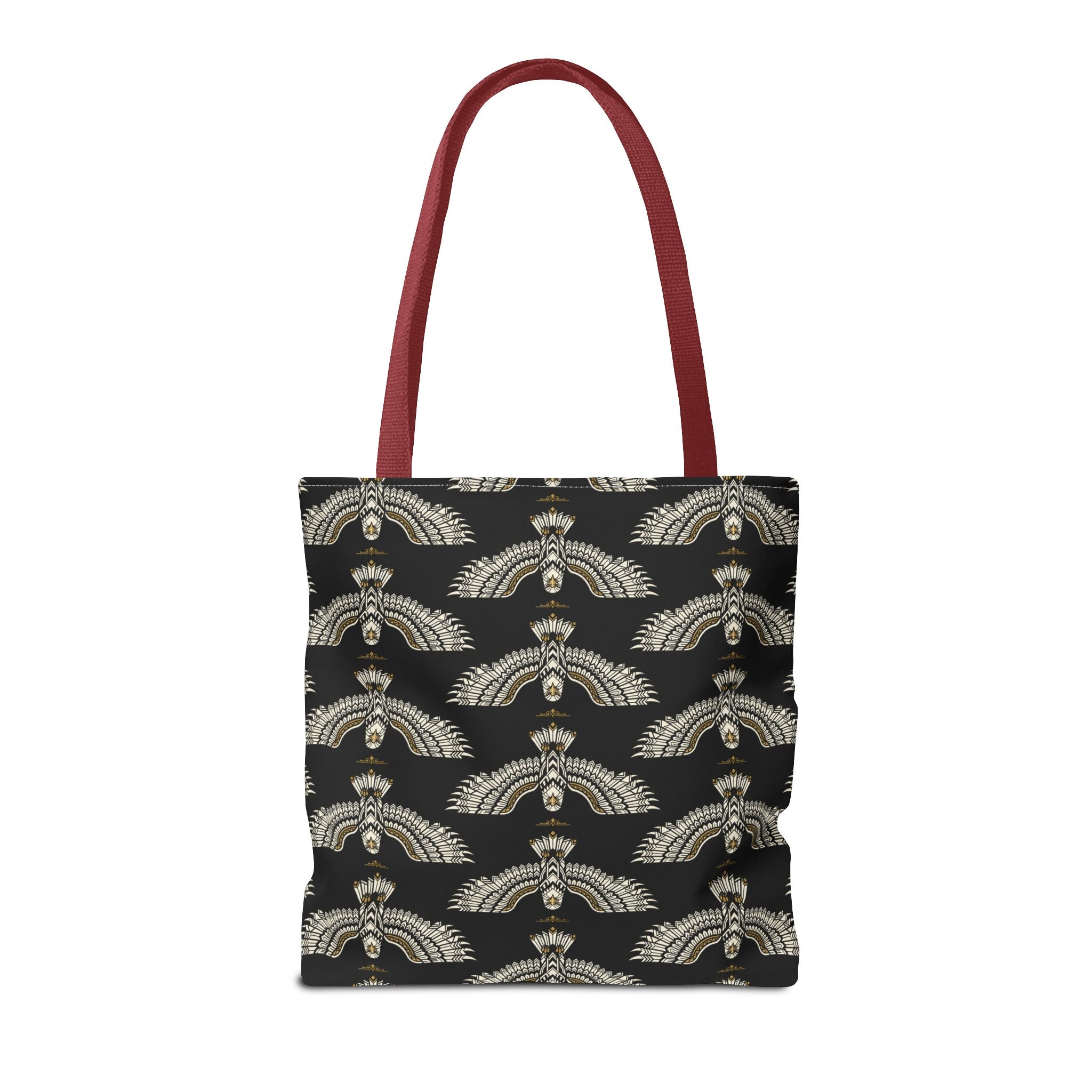 Tote bag with black fabric and repeating winged scarab pattern, maroon handles