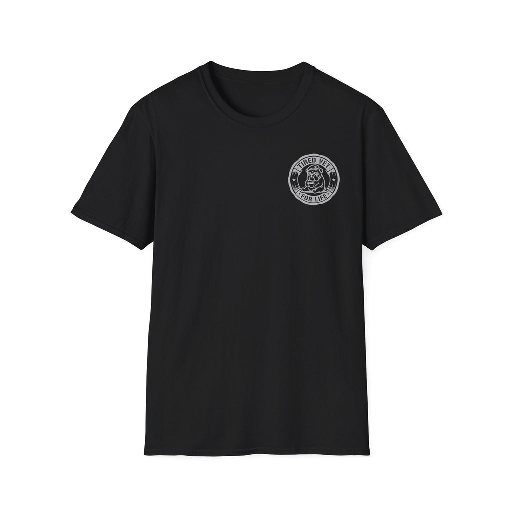 Black crewneck T-shirt with circular retired veteran emblem on left chest