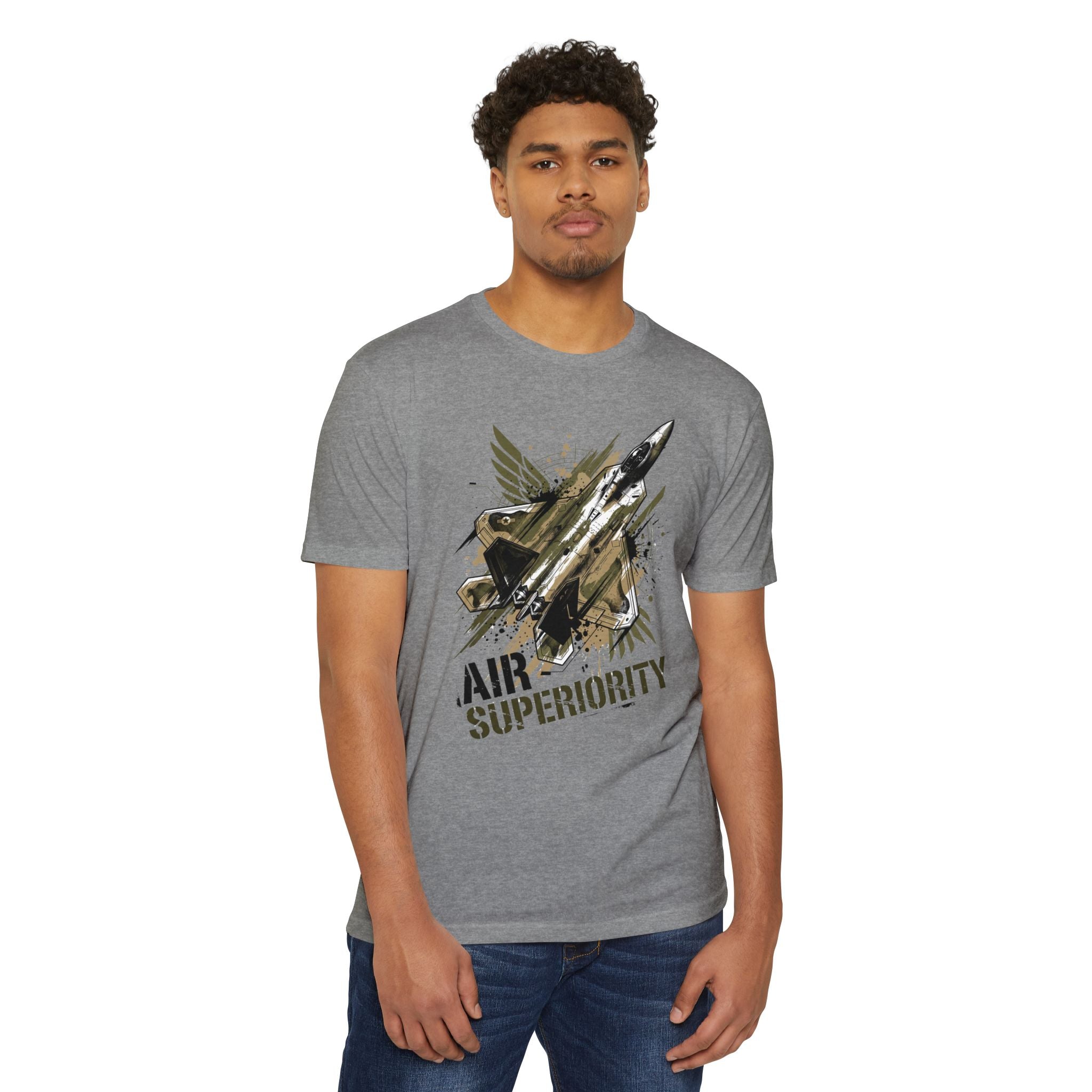 Air superiority jet fighter T-shirt, gray, jet fighter graphic on front, crew neck