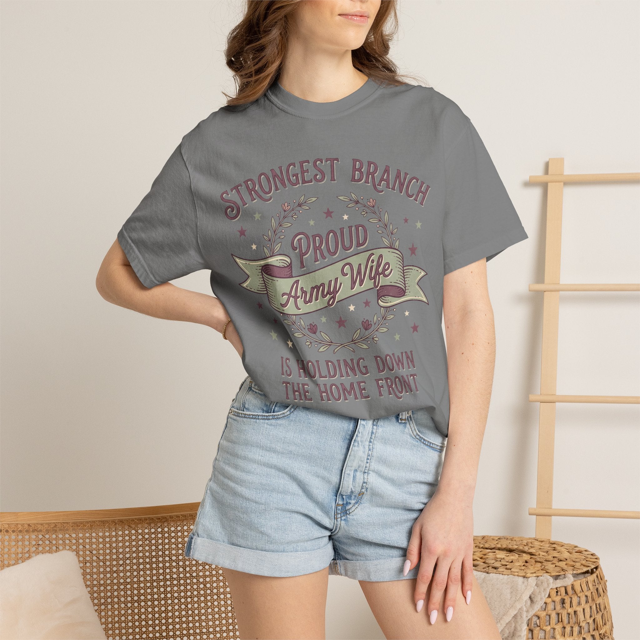 Dark gray Proud Army Wife T-shirt on model with centered “Proud Army Wife” graphic