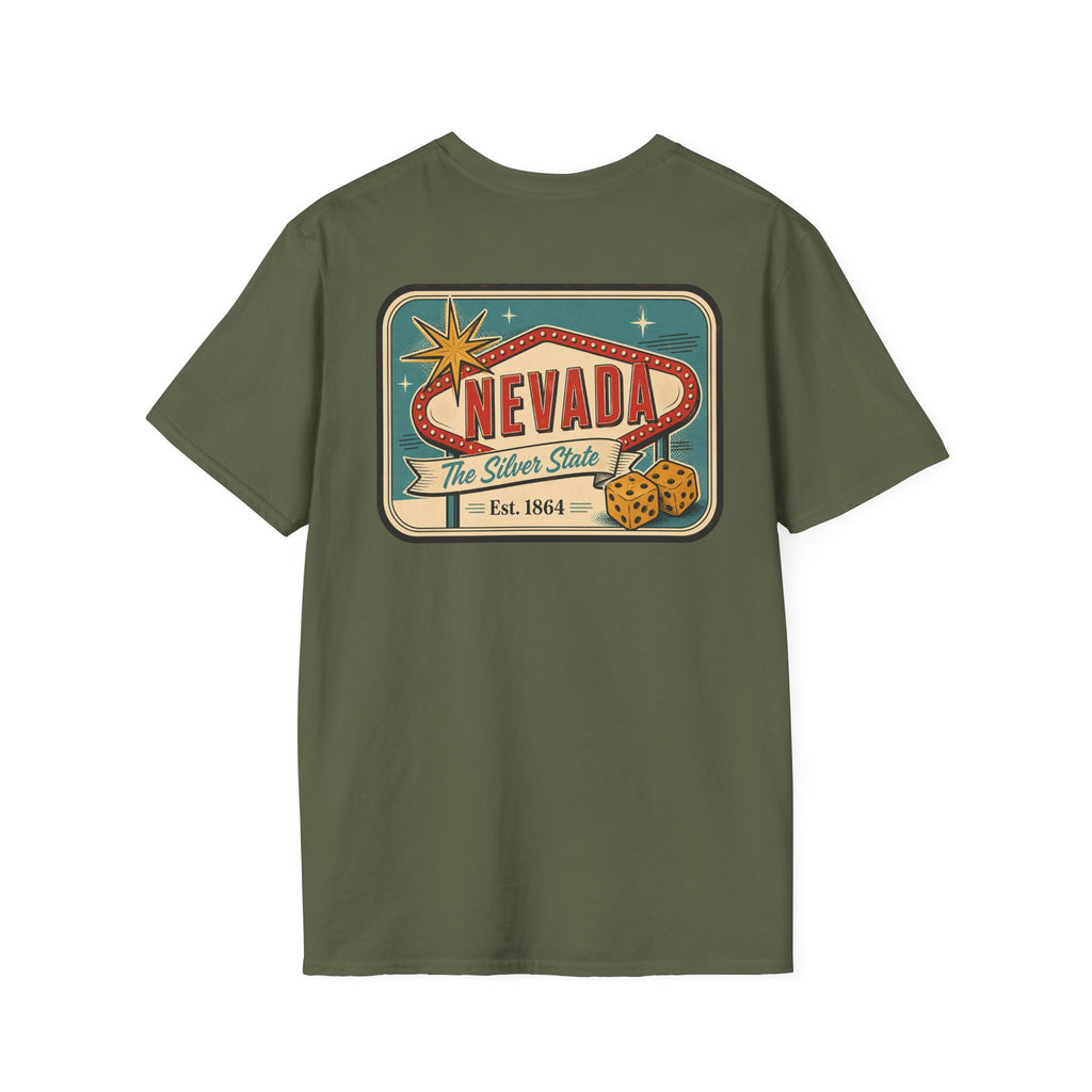 Olive green T-shirt with Nevada luggage tag graphic print on the front