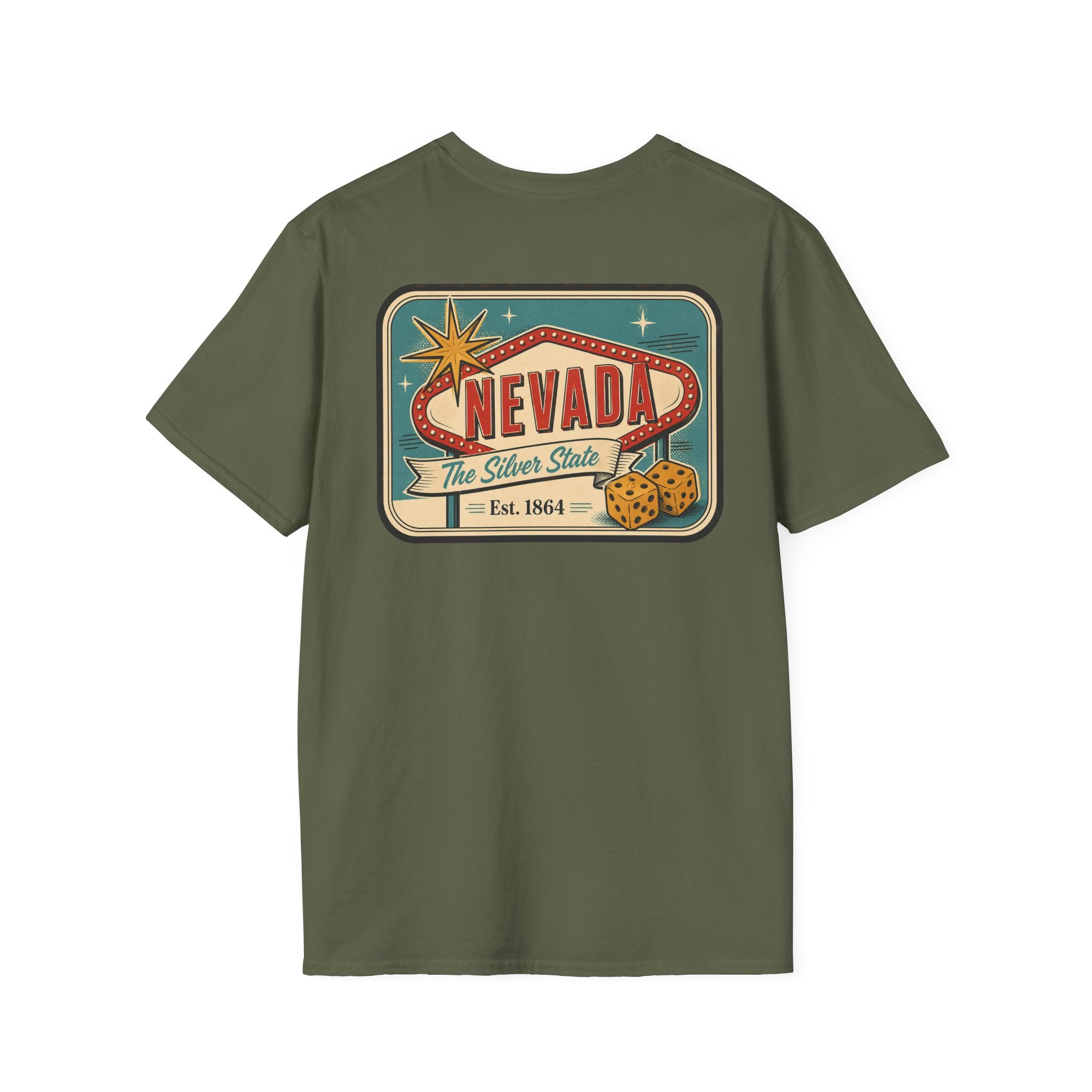 Olive green T-shirt with Nevada luggage tag graphic print on the front
