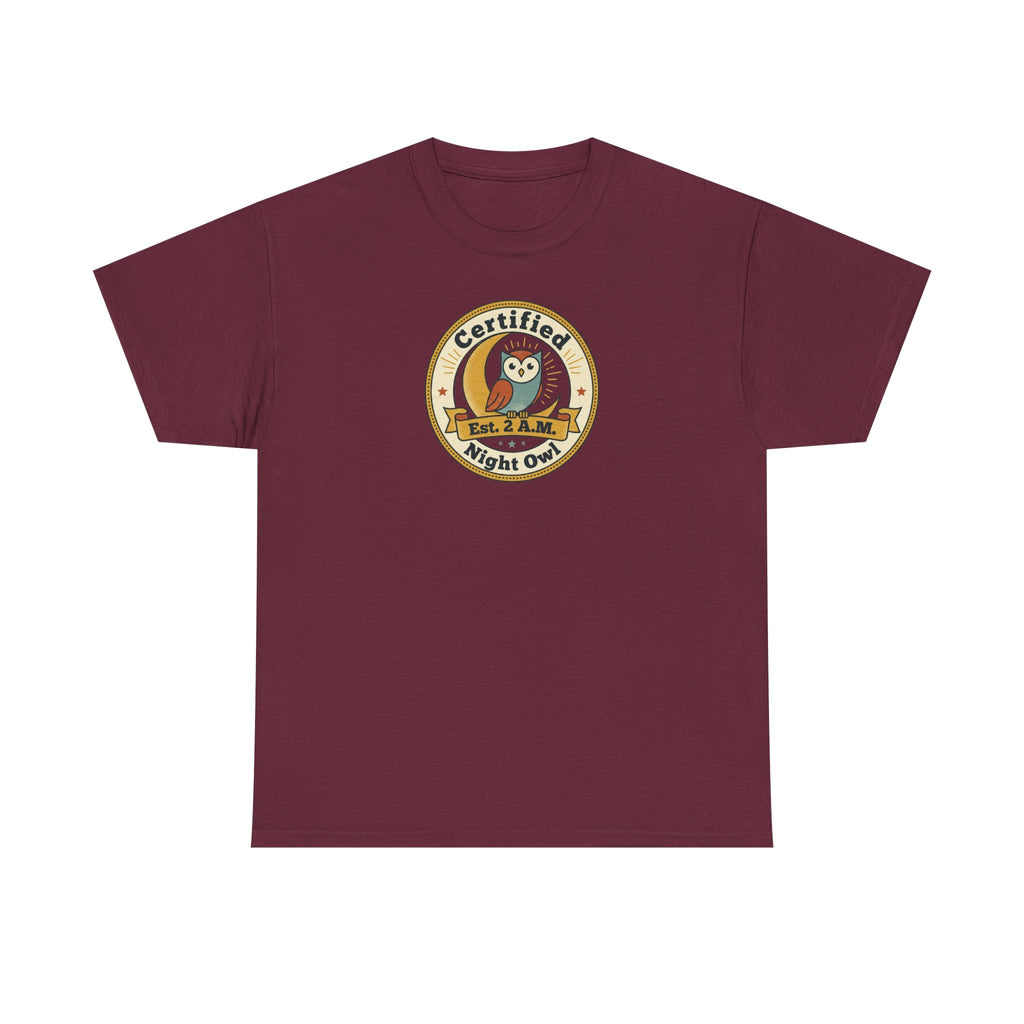 Maroon crewneck T-shirt with round owl badge print on chest
