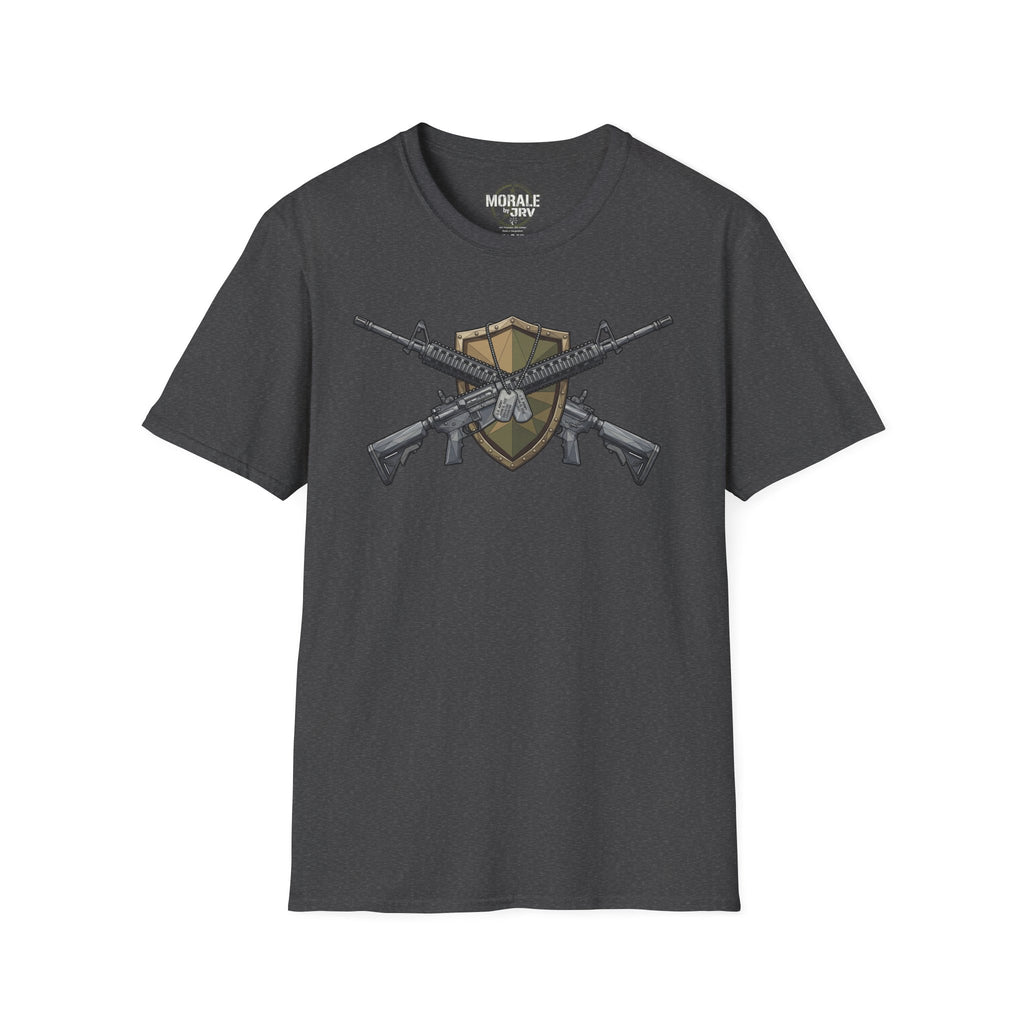 Dark gray crew-neck T-shirt with crossed rifles shield emblem graphic