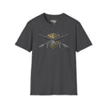 Dark gray crew-neck T-shirt with crossed rifles shield emblem graphic