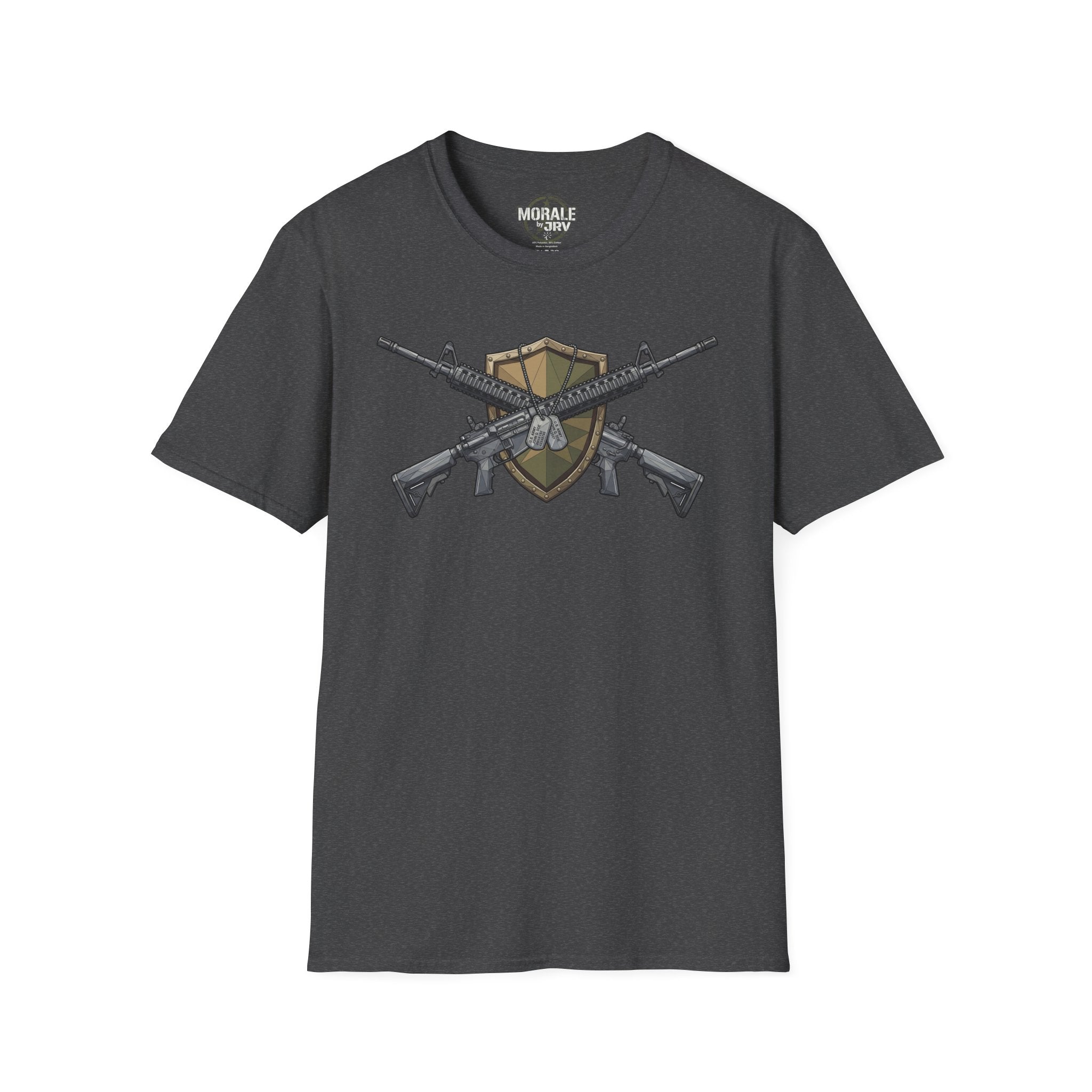 Dark gray crew-neck T-shirt with crossed rifles shield emblem graphic