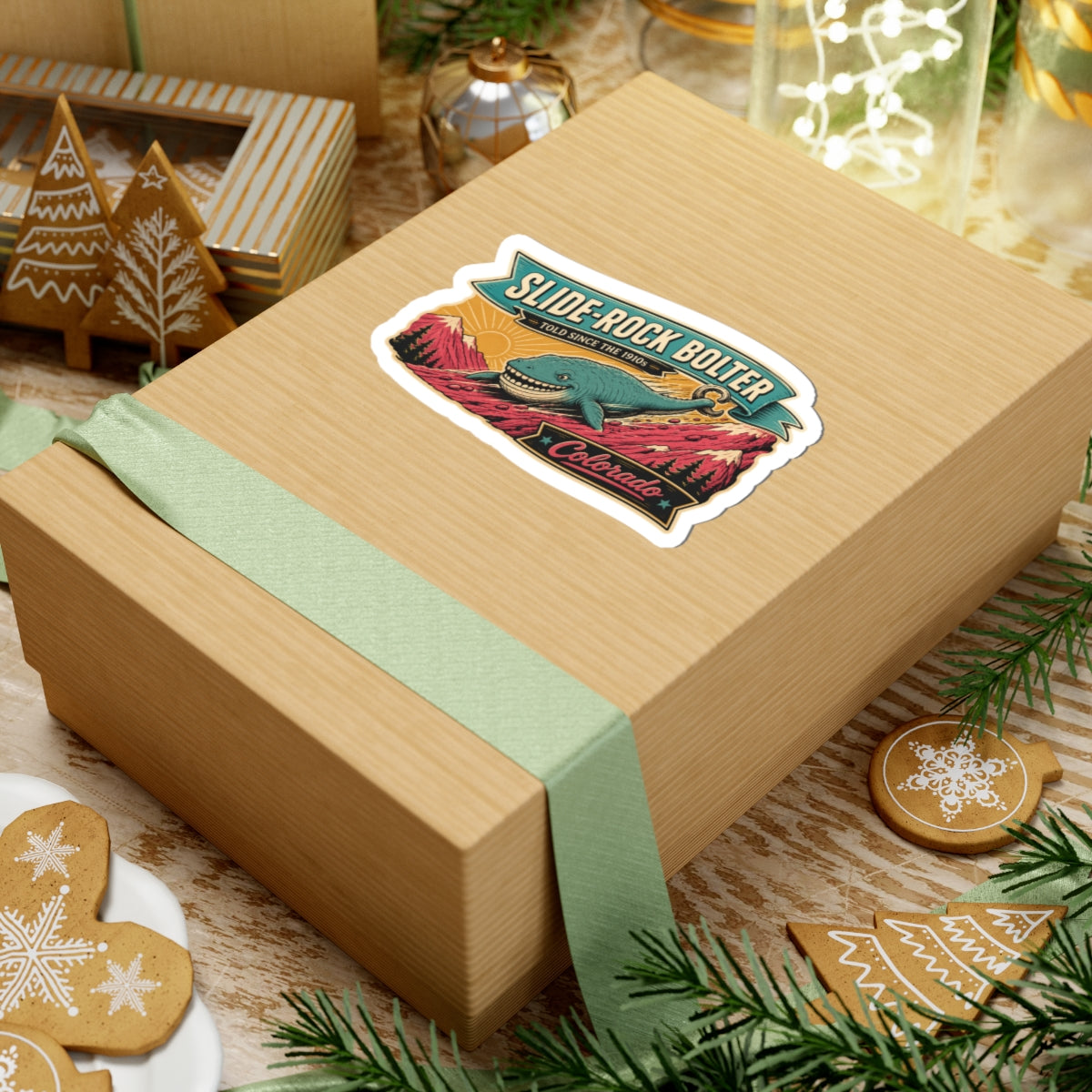 Teal whale mountain sticker with vintage ribbon text 'Slide-Rock Bolter' and Colorado