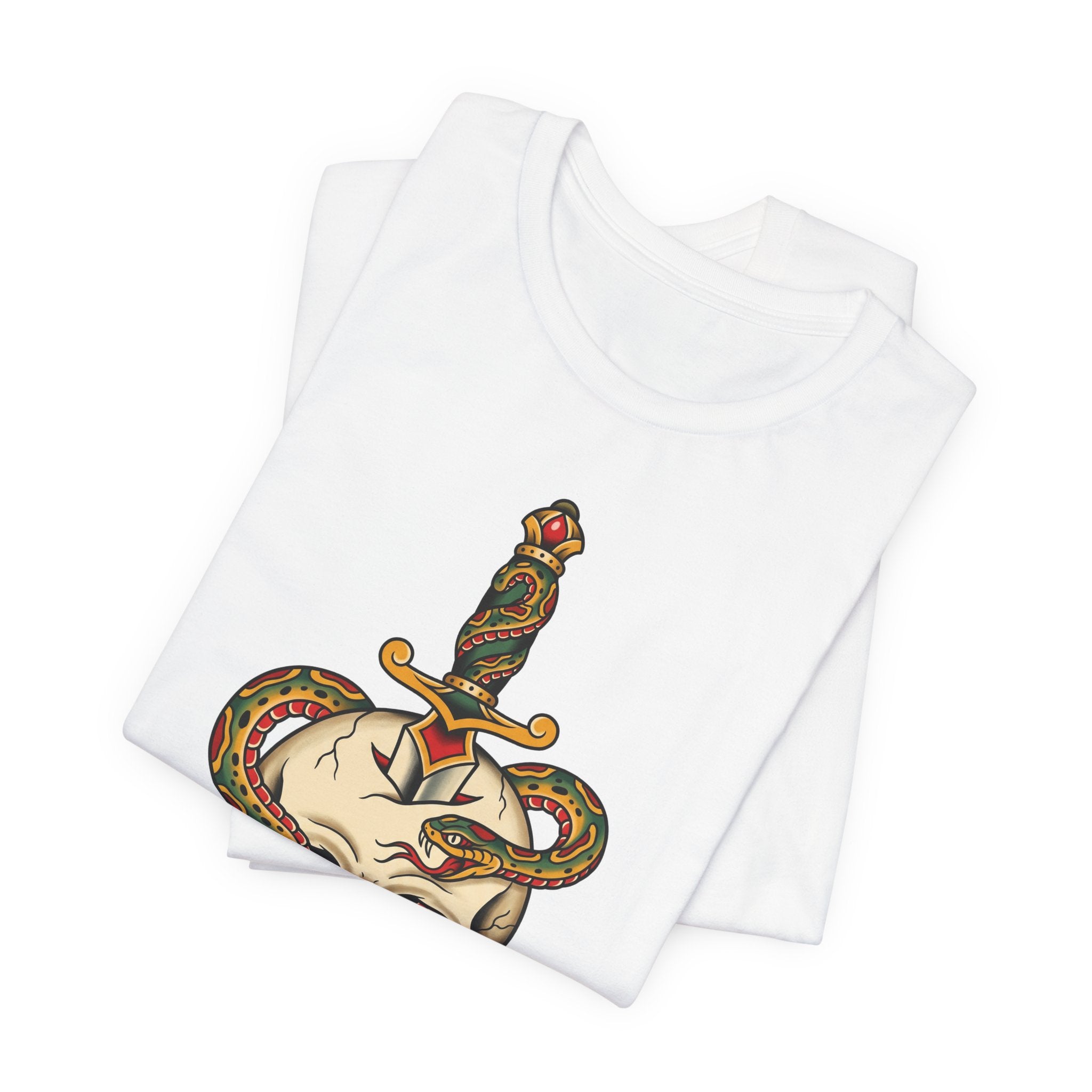 White unisex T-shirt with large snake skull and dagger graphic