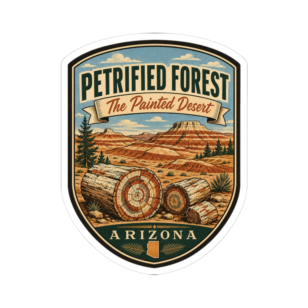 Petrified Forest travel sticker with shield badge, painted desert scene, logs, and Arizona