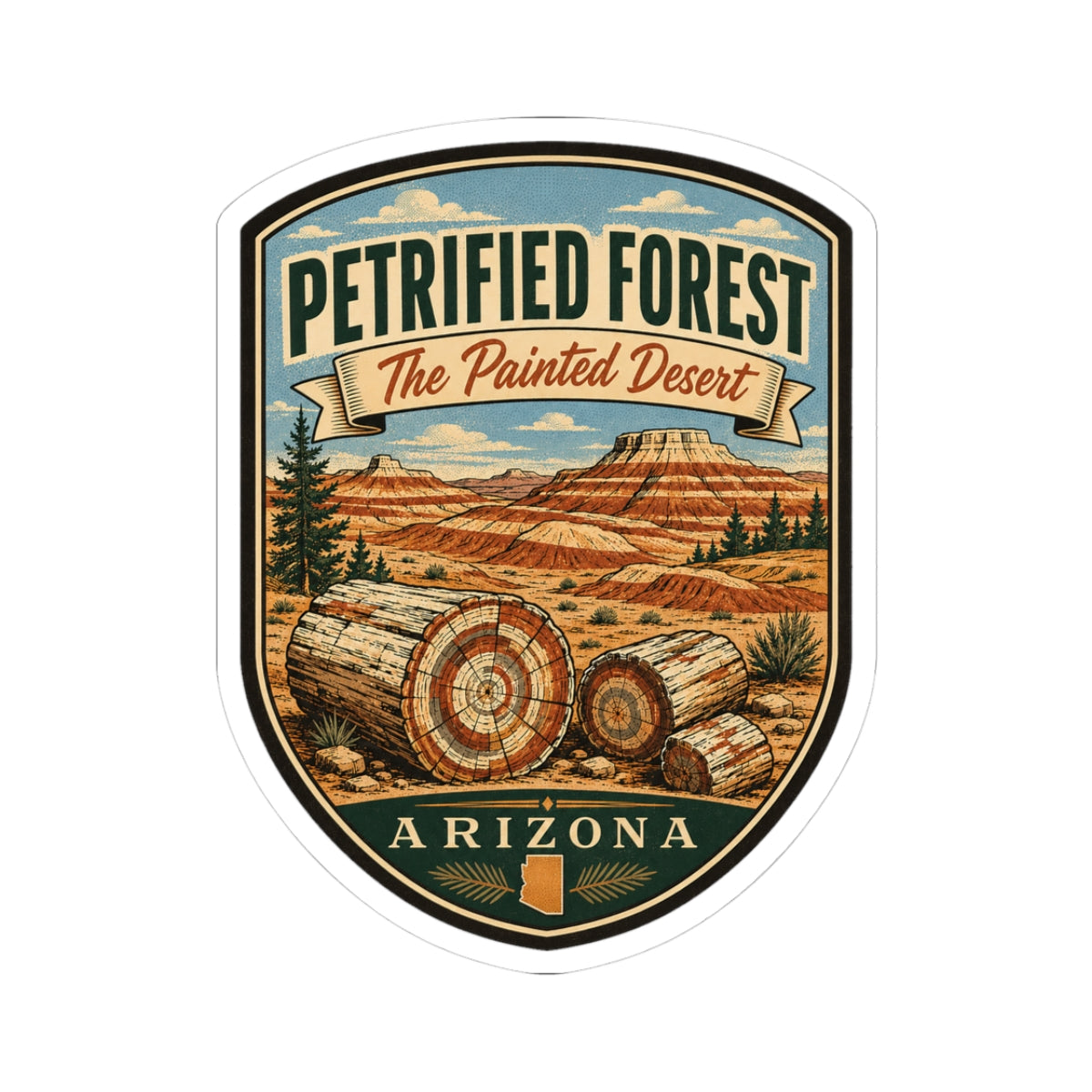 Petrified Forest travel sticker with shield badge, painted desert scene, logs, and Arizona