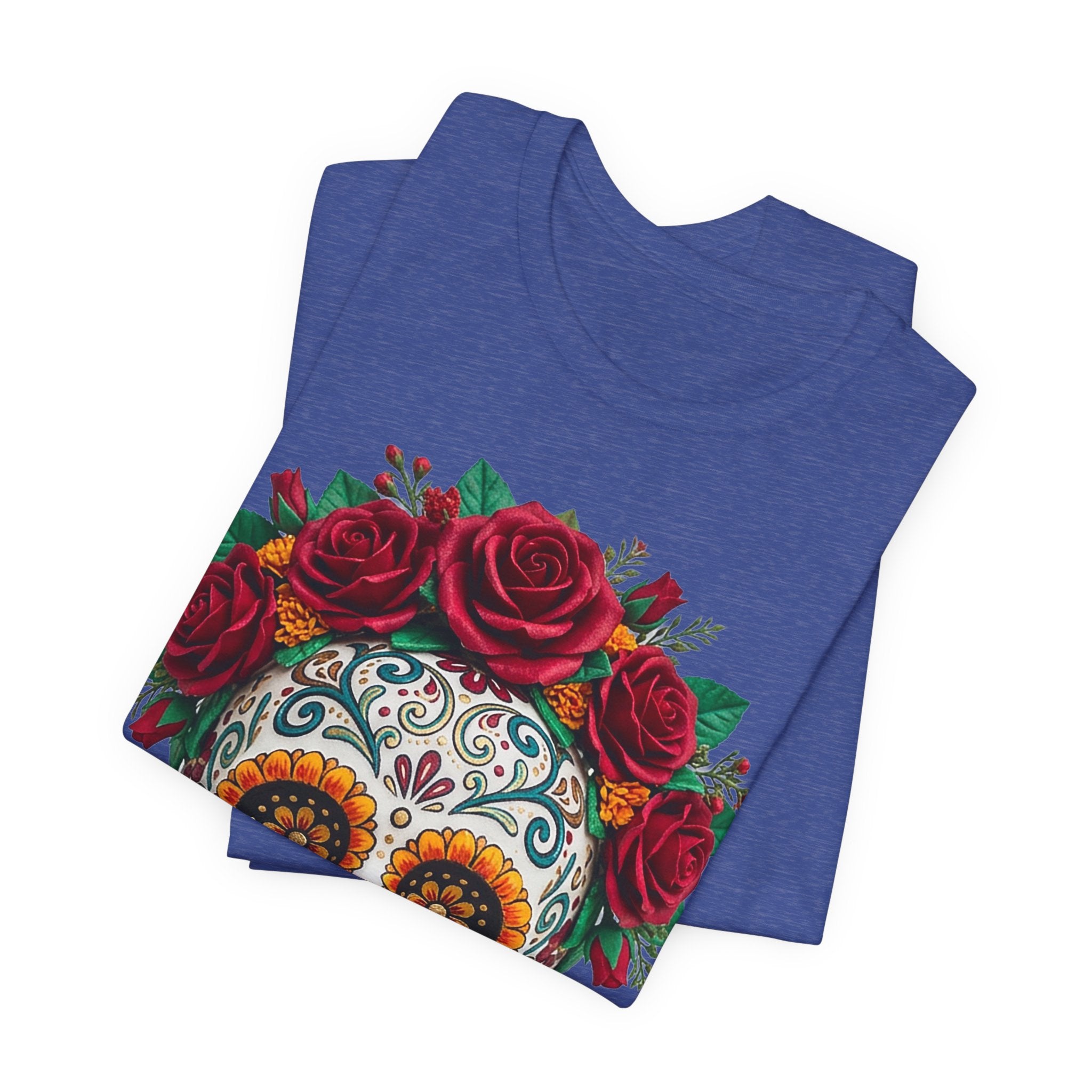 Heather True Royal T-shirt with sugar skull and red rose crown graphic