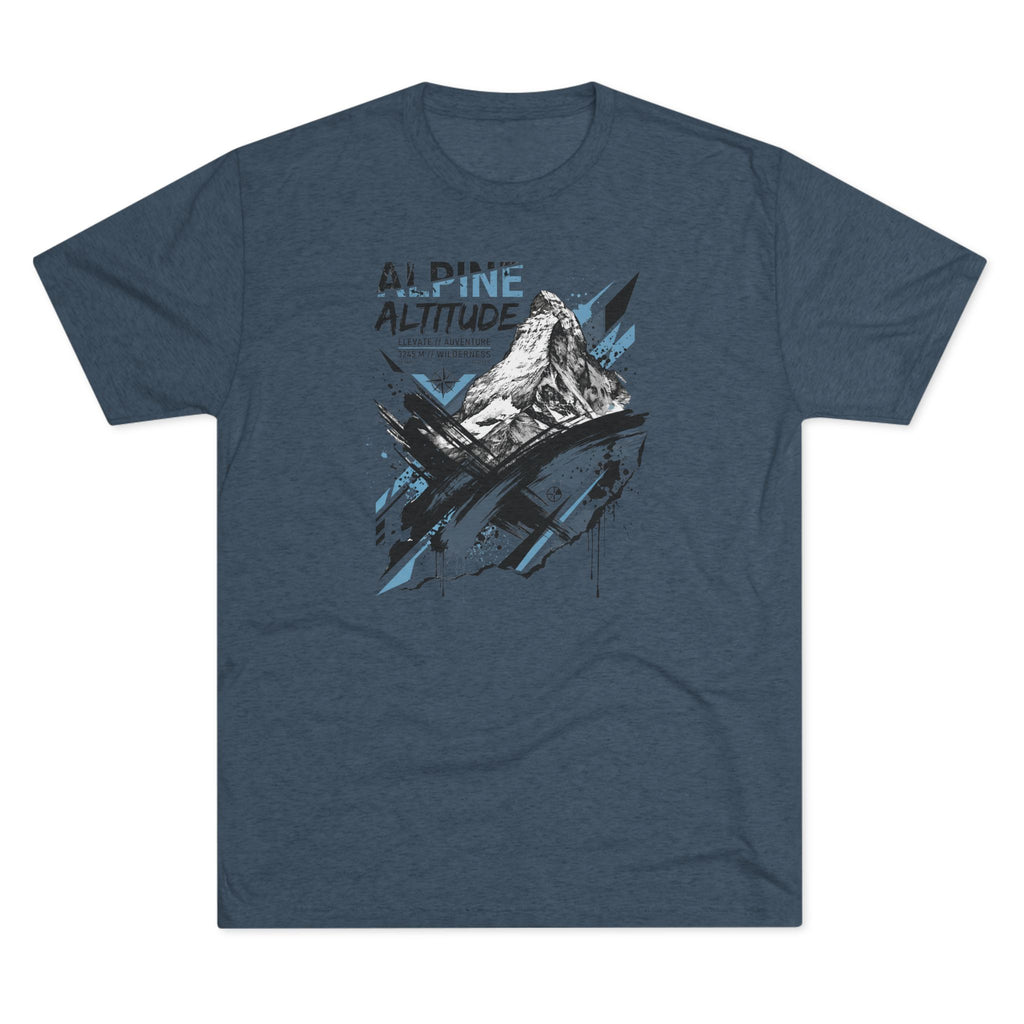 Slate blue T-shirt with mountain peak graphic and blue accent paint splashes